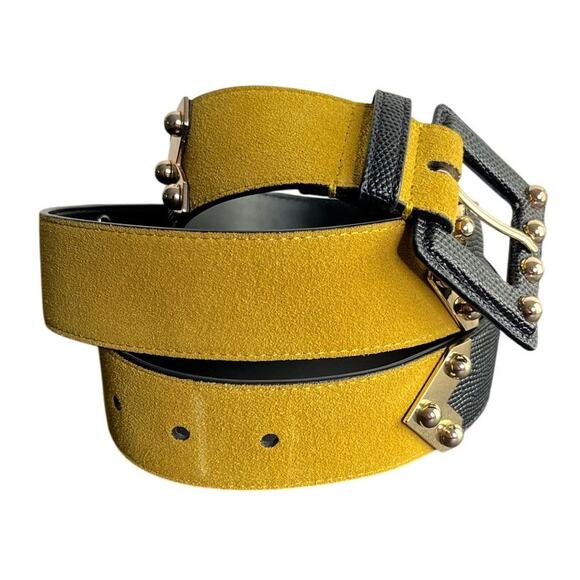 CAbi Genuine Leather Belt Womens M Mustard Yellow Black Ornamental Embossed - Picture 2 of 9